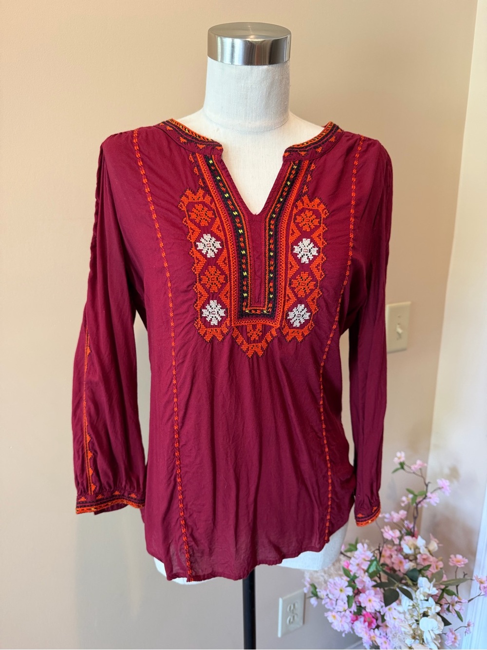 Lucky Brand Burgundy Embroidered V-Neck Tunic with Orange Accents